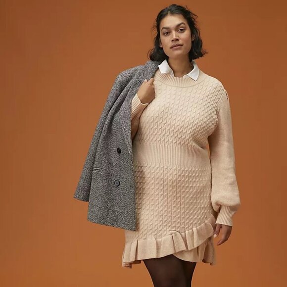 Anthropologie Dresses & Skirts - Anthropologie Flat White Ruffled Sweater Mini Dress Size L Cream